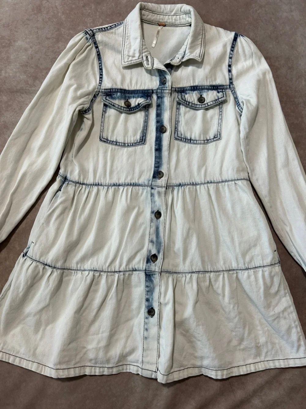 Free People Light Wash Denim Tiered Shirt Dress Button Down 100% Cotton XXS - Picture 3 of 6